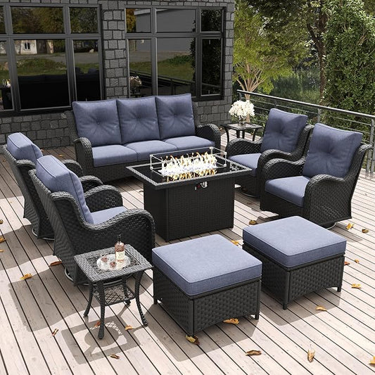 LayinSun 10 Pieces Outdoor Patio Furniture Set with Fire Pit Table, Rattan Wicker Sectional Swivel Rocker Chairs Sets with Ottomans, Swivel Glider Chairs and Coffee Table