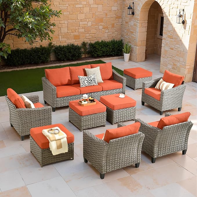 CAODOC Patio Furniture Set, 7 Pieces Outdoor Wicker Rattan Sofa Couch with 4 Chairs, Ottomans and Comfy Cushions, All Weather High Back Conversation Set Garden Backyard, Brown Rattan Red Cushions