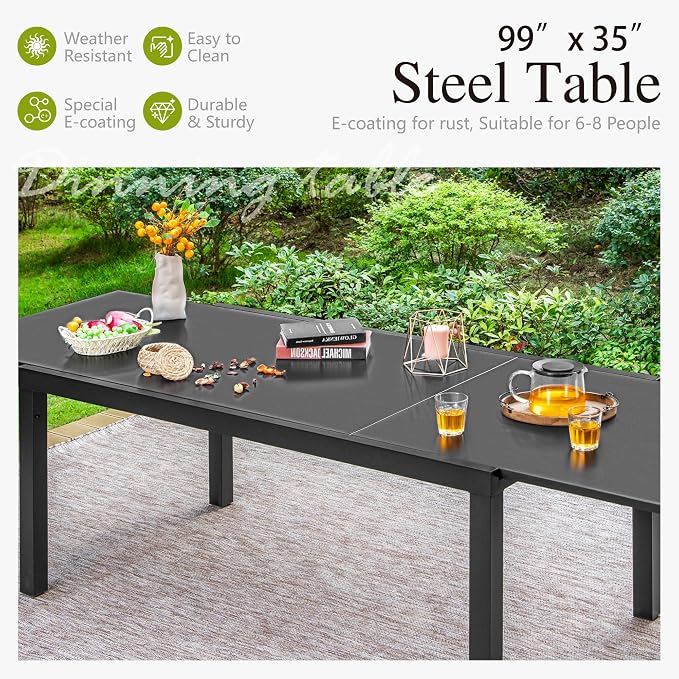 Sophia & William Patio Table and Chairs Set, Outdoor Dining Set for 8, 9 Piece Metal Patio Furniture, 99" Expandable Black Rectangular Table(Stripe)