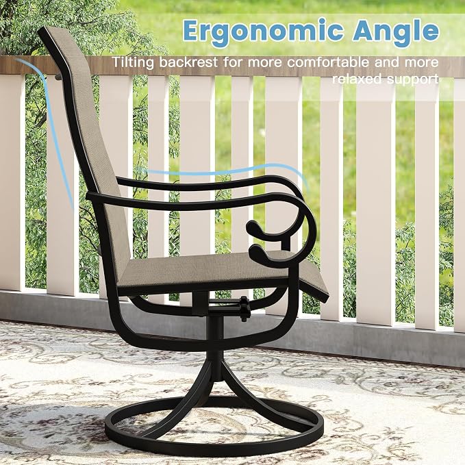DIFY 7 Pieces Outdoor Dining Set for 6, Outdoor Furniture Set of 6 Brown Textilene Swivel Patio Chairs, 50" Walnut Round Metal Dining Table with Umbrella Hole, for Garden Deck Backyard