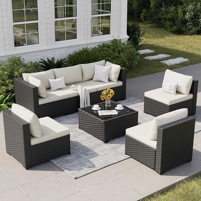 Patio Furniture Set, 7-Piece Outdoor Sectional All-Weather Wicker Patio Conversation Set for Backyard, Garden, White