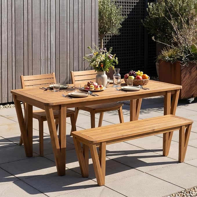 Christopher Knight Home Cove Acacia Wood Outdoor Dining Set for 2, Patio Dining Table with Bench, 2 Piece Outdoor Dining Table Set, Teak