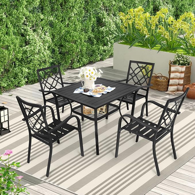 Incbruce 5 Piece Outdoor Dining Set, Wrought Iron Patio Dining Set with 4 Chairs and 1 Square Table (1.57" Umbrella Hole) for Garden, Backyard