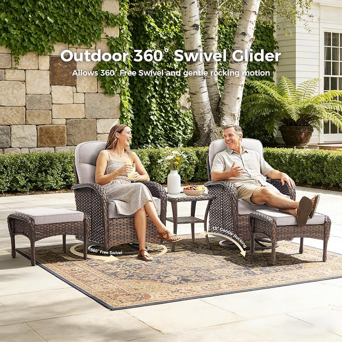 Luxury Outdoor Swivel Rocker Patio Chairs with 6-Inch Thick Cushions, High Back Swivel Glider Patio Chairs, 3PCS Wicker Outdoor Furniture Set for Porch, Patio, Yard, Deck, Poolside, Brown/Beige