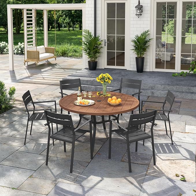 VICLLAX Patio 7 Pieces Outdoor Dining Set, Wrought Iron Metal Outdoor Table and Chairs Set, 47" Round Table with Umbrella Hole and 6 Stackable Chairs for Lawn, Garden, Porch, Walnut/Black