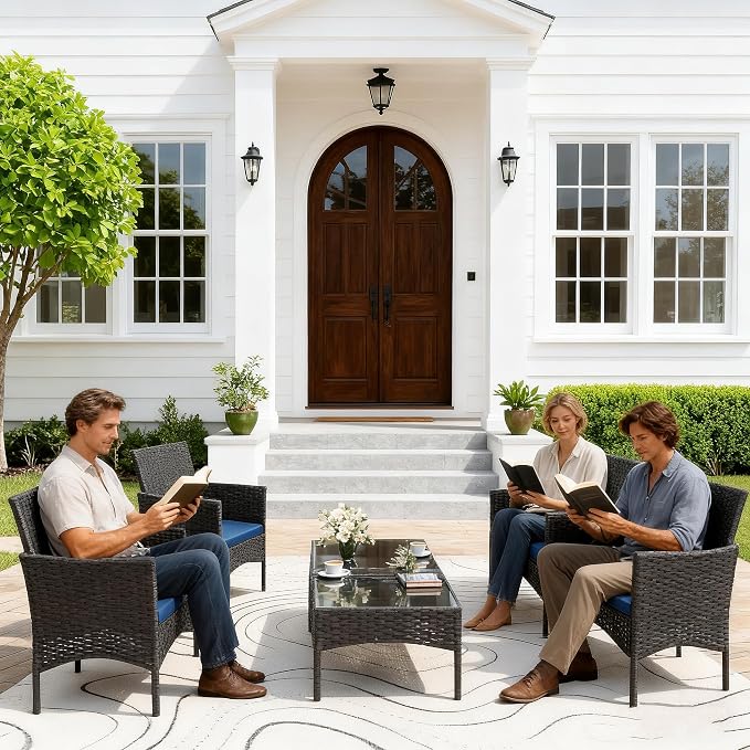 Gotland 8 Pieces Patio Furniture Set, Wicker Outdoor Furniture with 4 Chairs 2 Loveseats 2 Glass Coffee Tables, Weather-Resistant Patio Set, Conversation Set for Backyard Pool Porch Navy