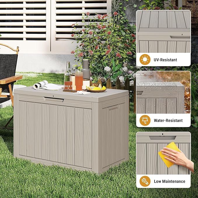 Mars Villa 45 Gallon Deck Box, Waterproof Weatherproof and UV Resistant Resin Deck Storage Box, Ideal for Indoor, Outdoor, Patio Furniture Pillows, Pool Supplies, Gardening Tools, Grey