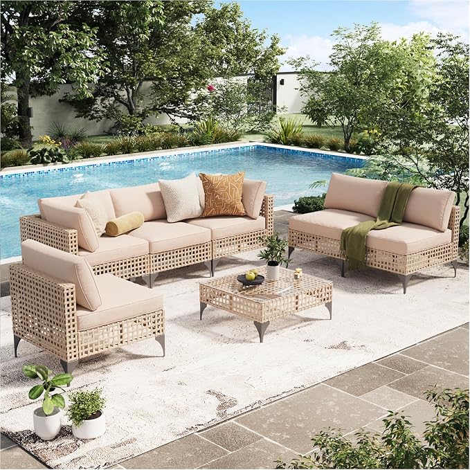 AECOJOY 7-Piece Patio Outdoor Furniture Set with Tea Table, Boho Outdoor Sectional Furniture Sofa PE Rattan Wicker Conversation Set, Light Brown Rattan&Beige Cushions