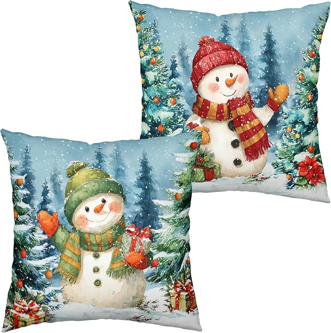 Lovely Green and Red Snowman Pillow Covers Christmas Throw Pillow Covers 20x20 Set of 2 Winter Xmas Tree Pine Forest Pillowcase Holiday Cushion Case for Couch Sofa