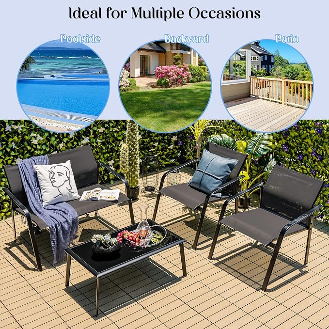 HAPPYGRILL 4 Piece Outdoor Conversation Set Patio Furniture Set, Breathable Fabric Single Chairs & Loveseat, Tempered Glass Coffee Table, Patio Bistro Set for Poolside Yard Garden