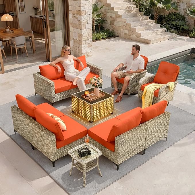 10 Pieces Patio Furniture Set, Outdoor Conversation Set with 360° Swivel Rocker Chairs, Wicker Modular Sectional Sofa & Solar Coffee Table, High Back Outdoor Furniture L Shaped Couch for Porch, Red