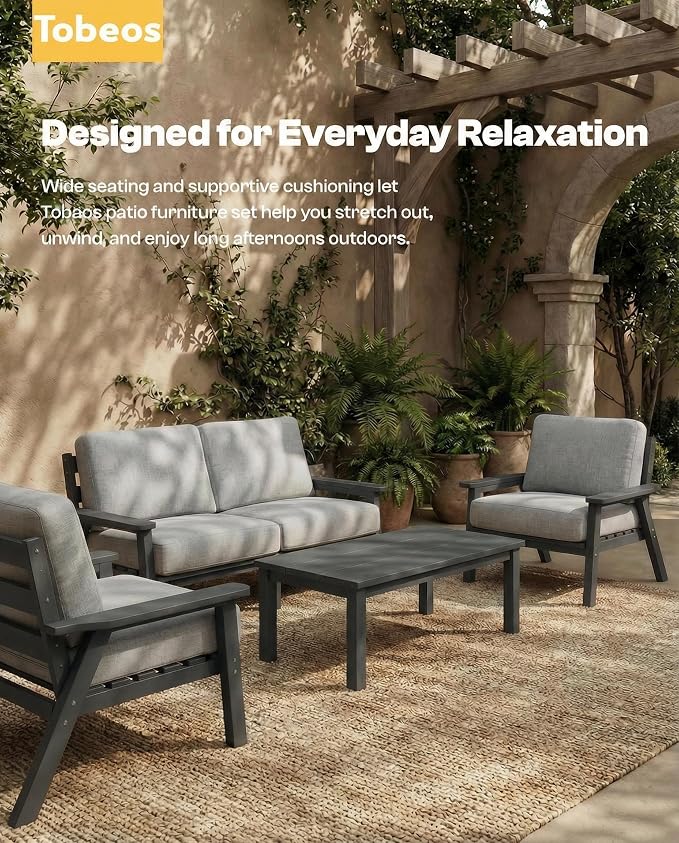 7 Piece HDPE Outdoor Furniture Set with Gray Cushions (Gray Frame) | All-Weather HDPE, Modular Design, Extra-Deep Seating, Thick Cushions, Ideal for Backyard, Deck & Porch