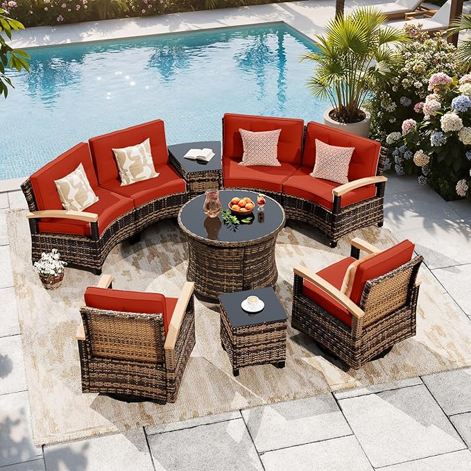 MEISSALIVVE 9-Piece Half-Moon Curved Outdoor Patio Furniture Set, Sectional Conversation Sofa with 2 Swivel Glider Chairs, Round Coffee Table for Backyard Deck Garden, Red