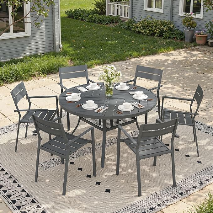 Patio Dining Set for 6, Round 47.3" Patio Dining Table and Stackable Outdoor Dining Chairs Outdoor Furniture for Backyard Porch Deck, Spliced Dark Grey Table and Grey Chairs