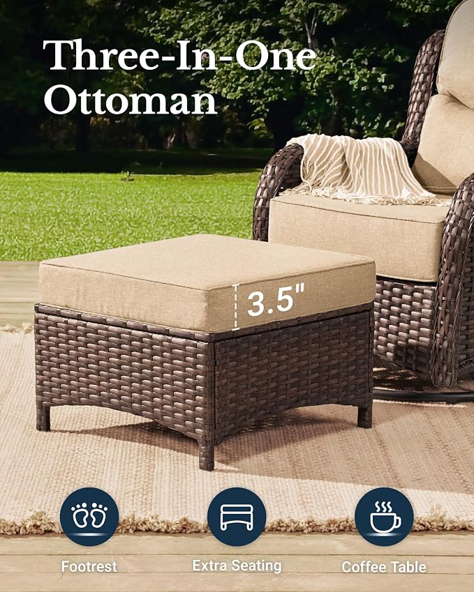 HILLGA Luxury Outdoor Patio Furniture Set with 6-Inch Thick Cushions, High Back Wicker Swivel Rocker Chairs, 7 Pcs All Weather Conversation Set for Large Deck, Yard and Poolside, Beige (V3)