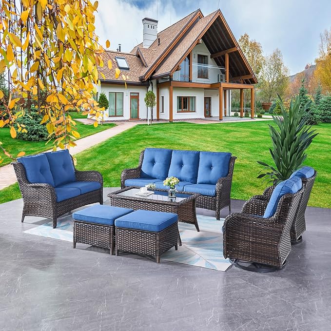 Rilyson Wicker Patio Furniture Set - 7 Piece Rattan Outdoor Sectional Conversation Sets with 2 Rocking Swivel Chairs,2 Ottomans,1 Sofa,1 Loveseat and 1 Coffee Table for Porch Deck(Brown/Blue)