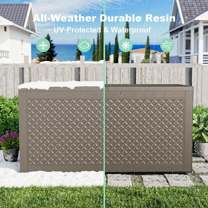 121 Gallon Outdoor Storage Box, New Classic Deck Box with Hydraulic Lid, Durable Waterproof Resin Storage Bin for Patio Furniture, Garden Tools, Cushions, Pool Accessories, Grey