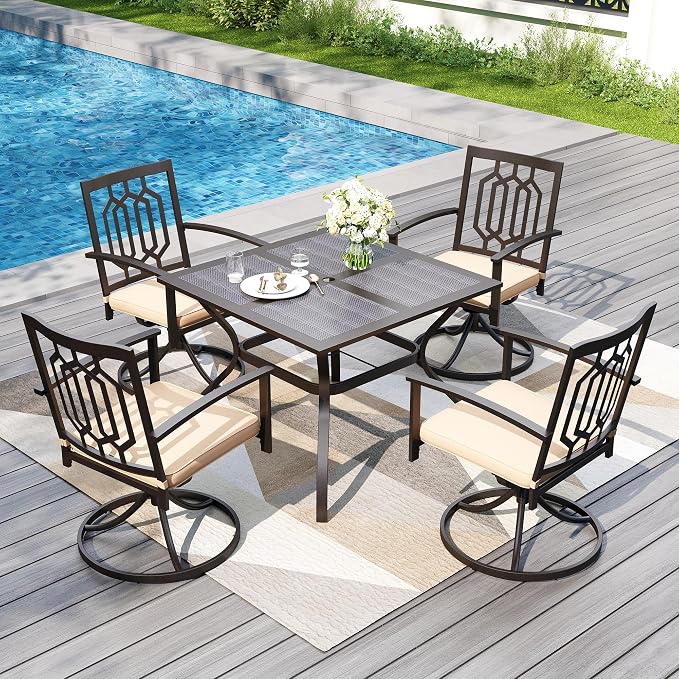 PHI VILLA Patio Dining Set, Swivel Chairs, Square Steel Table | Metal chairs, Hexagon Back Swivel Chair, 1.57" umbrella hole, 360° swivel, cushioned