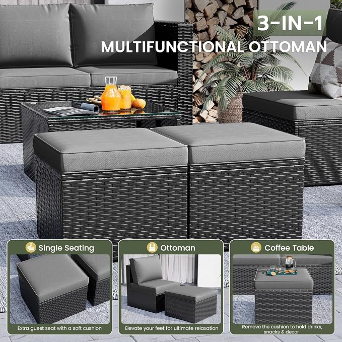 Amopatio 7 Pieces Patio Furniture Set with Fire Pit Table, All-Weather Wicker Outdoor Conversation Sofa Set with Glass Coffee Table, Cushions & Ottomans for Deck Backyard Porch Lawn Black/Dark Grey