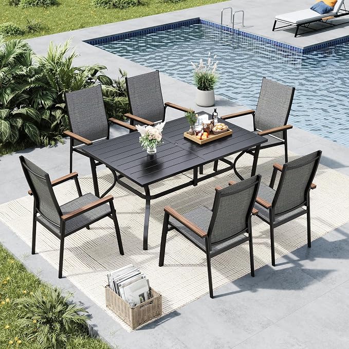 MFSTUDIO 7 PCS Patio Dining Set with 6 Stacking Aluminum Armchair(Grey) and 1 Rectangular Heavy Duty Table, Patio Dining Table and Chairs Set, Patio Dining Furniture Set for 6