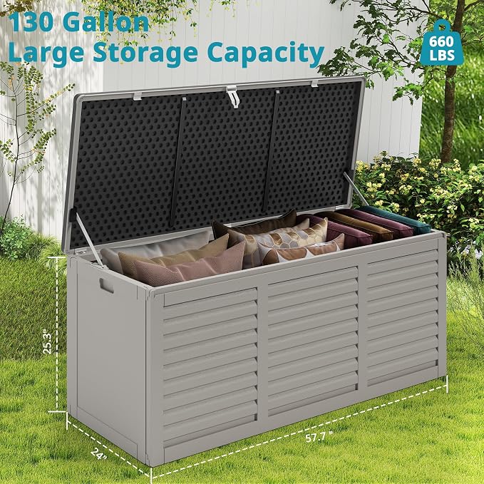 HUGROVE Resin Deck Box, 130 Gallon Outdoor Storage Box with Lockable Lid, Waterproof Patio Storage for Garden Tools & Outdoor Accessories (Light Gray)