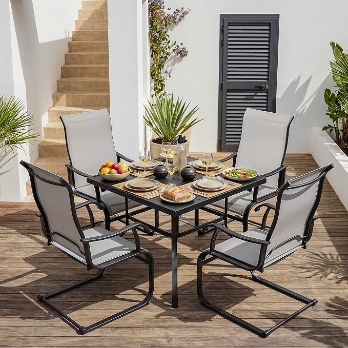 NUU GARDEN 5 Piece Patio Dining Set for 4 with C-Spring Chairs | Square table with umbrella hole and 4 breathable Textilene chairs featuring gentle C-spring motion and high-back support.
