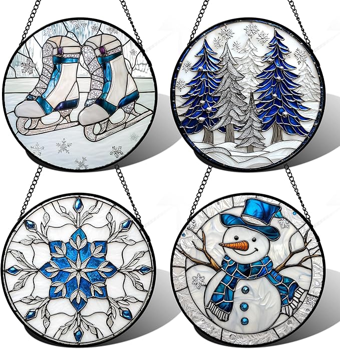 DASTOLL Stained Glass Window Hanging 4 Pcs Set White Winter Christmas Snow Scene 6.3" - Suncatcher Door Garden Sun Catcher Decor Birthday for Mom Woman Nana Men Friend Wife