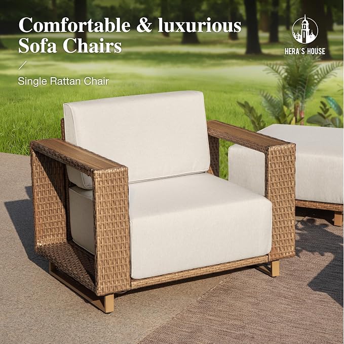 HERA'S HOUSE Patio Wicker Chairs with 10" Thick Cushions, Outdoor Patio Furniture Set of 2, 2-Piece Yellow Rattan Conversation Set with 5.3" Widened Armrest, Low Profile Lawn Garden Deck Furniture