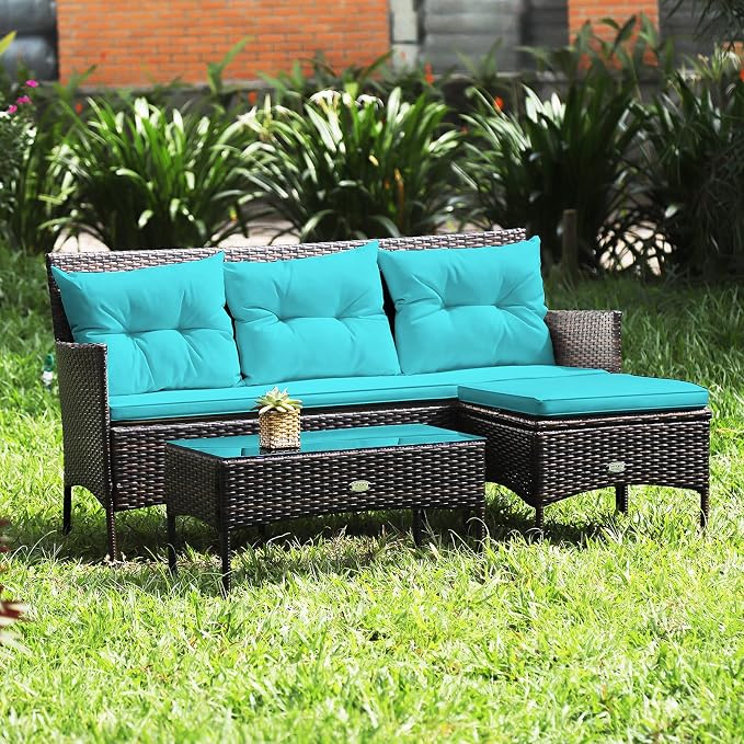 HAPPYGRILL 3 Piece Outdoor Rattan Conversation Set Patio Furniture Set with Tempered Glass Coffee Table, 5 Elastic Seat & Back Cushions, Sectional Sofa Set for Poolside Balcony Backyard