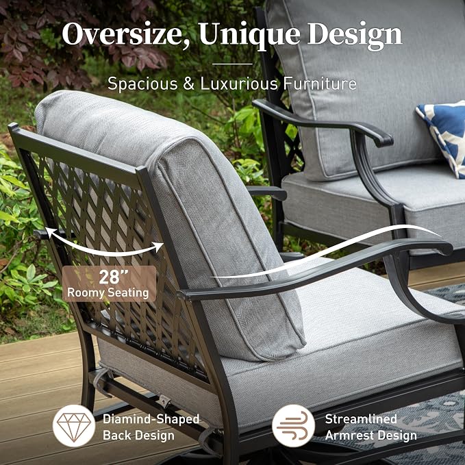SUNSHINE VALLEY 7 Piece Metal Outdoor Patio Furniture Sets, Patio Conversation Sets 1 3-seater Sofa, 2 Fixed Chair, 2 Rocking Chair, 2 Ottomans with 5.75" Thick Cushion, Black Backyard Furniture, Gray
