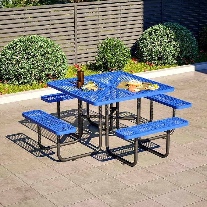 46" Iron Mesh Picnic Table with 1.73" Umbrella Hole Blue | Rust & Heat-Resistant, All-Season Use, Safe Arc Corners, Outdoor Square Metal Picnic Tables for Patio, Park or Backyard