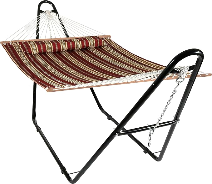 Sunnydaze Quilted Double Hammock with Stand for Outside - 440 lb Capacity Universal Black Steel Stand - UV Resistant, Quick Dry Fabric - Pillow, Chains, and Hardware Included - Red Stripes