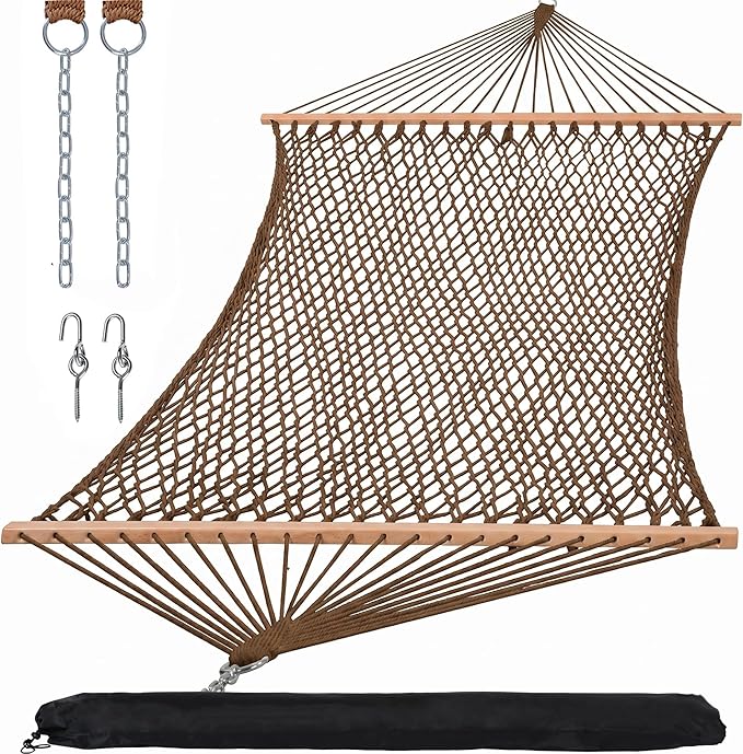 SUNCREAT Hanging Backyard Rope Hammock with Spreader Bar, Carrying Bag, 450 lbs Capacity, Portable Two Person Hammock with Tree Hooks, Brown