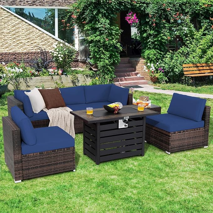 Tangkula 7-Piece Outdoor Patio Furniture Set with 42" Propane Fire Pit Table, Outdoor Wicker Conversation Set with Cushions and Tempered Glass Coffee Table, 50,000 BTU Gas Fire Pit Table (Navy)