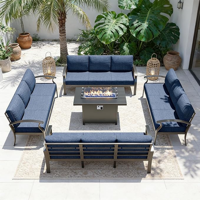 Gotland Aluminum Patio Furniture Set with Fire Pit Table, Metal Patio Furniture with 12 Seats Waterproof 5.1'' Seat Cushions, Oversized Outdoor Sectional Conversation Sets for Balcony Porch Navy