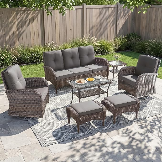 7 Piece Patio Furniture Set - Wicker Patio Conversation Set with Swivel Glider, 3 Seat Sofa, 2 Ottomans, Glass Side Table and Coffee Table for Deck Backyard - Brown Wicker Grey Cushion