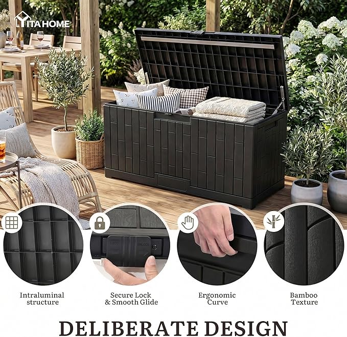 YITAHOME Large Deck Box 120 Gallon Resin Outdoor Storage Box with Slide-Locking Lid, Patio Storage Bin and Bench Seat for Outdoor Pillows, Garden Tools and Pool Supplies, Waterproof Lockable, Black