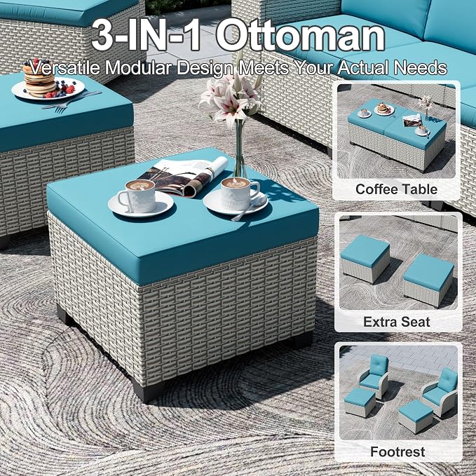 12-Piece Outdoor Patio Furniture Set with Fire Pit, Modular Sectional Sofa Set with Swivel Rocker Chairs & Ottomans, Wicker Outdoor Couch Conversation Sets w/Coffee Table and Cushions, Cyan