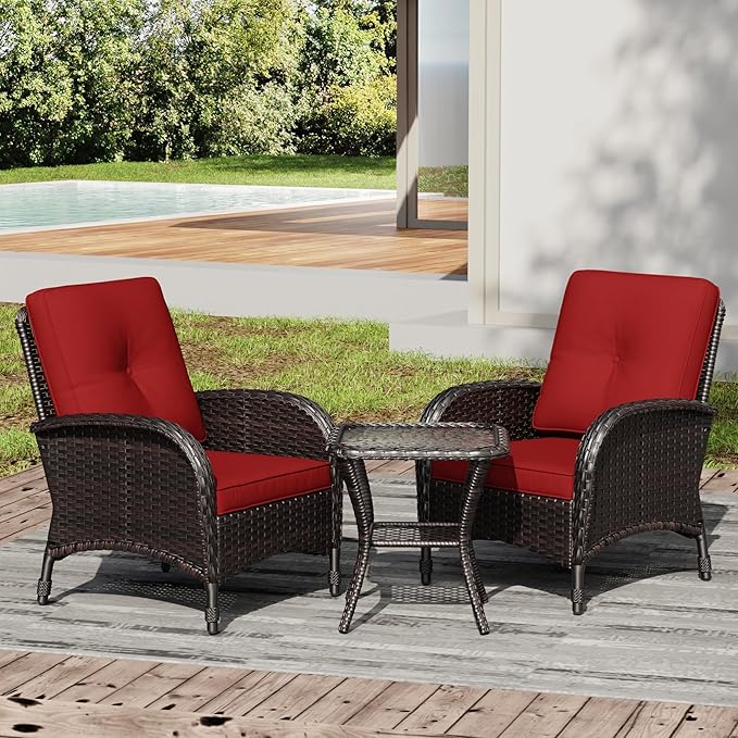 Joyside Wicker Patio Chairs, 3 Piece Rattan Outdoor Furniture with Thickened Cushions, High Back, Deep Seating, Wide Armrest, Outdoor Chairs for Porch, Deck