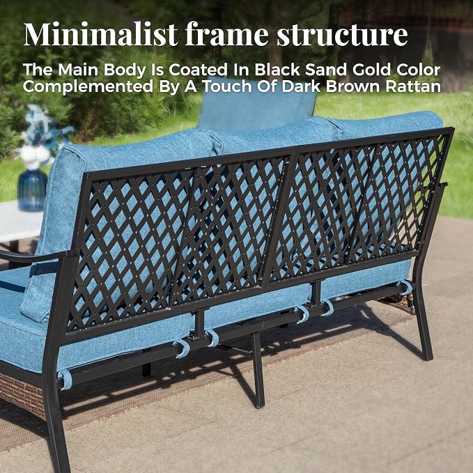 MIXPATIO Patio Furniture Set with Fire Pit Table, Metal Outdoor Conversation Set with 5.75'' Extra Thick Cushion, 4 Leg Chairs, 3-Seat Sofa and Gas Fire Pit Table, Navy Blue