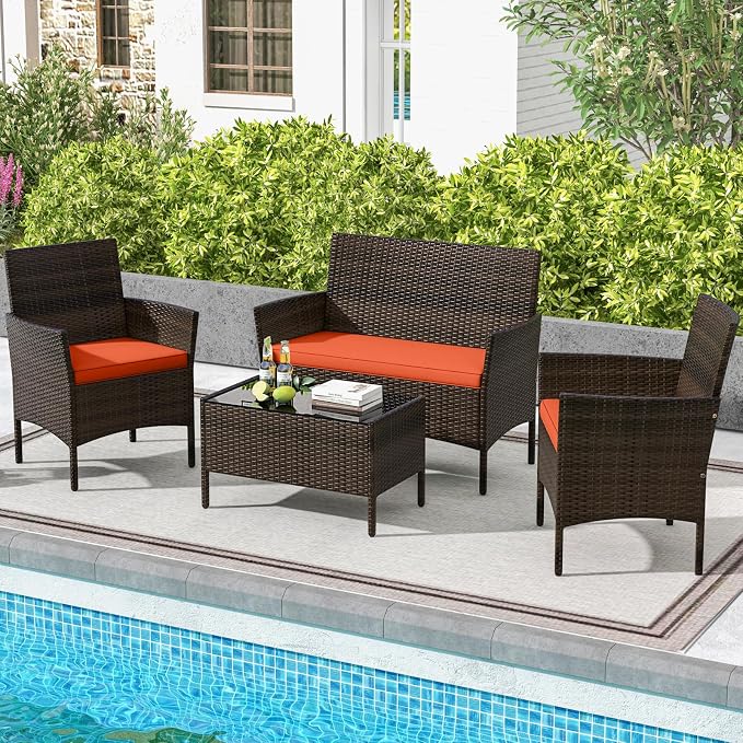 4 Piece Patio Furniture Set, Sectional Conversation Sofa Set with Glass Coffee Table, Cushions & Loveseat, Wicker Outdoor Table and Chairs for Pool, Garden, Deck, Backyard (1, Orange)
