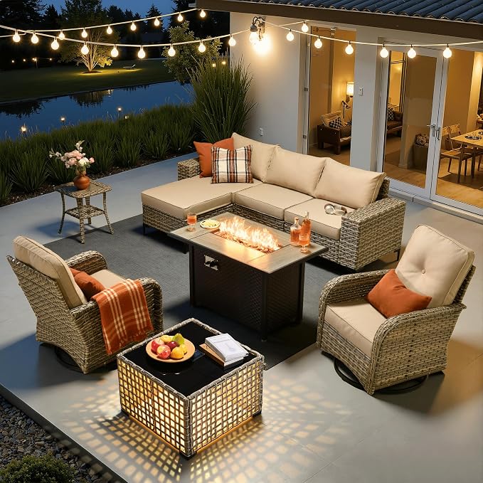 ovios 9-Piece Patio Furniture Set with L-Shape Sofa Chaise, Outdoor Sectional Couch Swivel Gliders Fire Pit Table Solar Table, Modern Modular Wicker Rattan Conversation Set, Beige