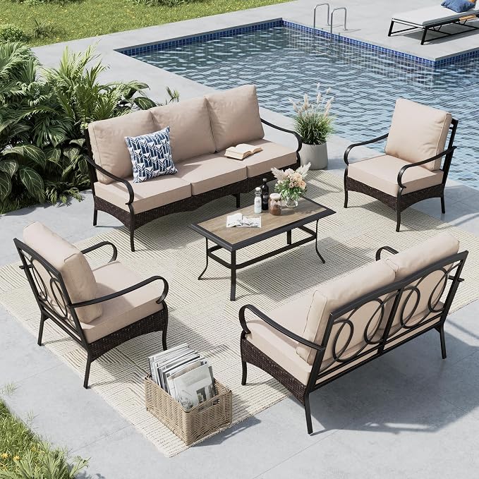 MFSTUDIO 5 PCS Outdoor Patio Furniture Set, Metal Outdoor Conversation Set, Rattan Wicker Patio Sectional Sofa Set with 2 x Fixed Single Sofa, 2-Seat and 3-Seat Sofa, 1 x Coffee Table, Beige