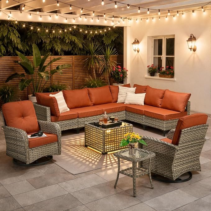10 Pieces Patio Furniture Set, Outdoor Conversation Set with 360° Swivel Rocker Chairs, Wicker Modular Sectional Sofa & Solar Coffee Table, High Back Outdoor Furniture L Shaped Couch for Porch, Orange