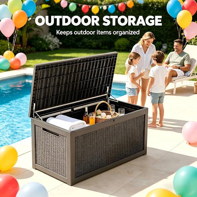 328 Gallon Waterproof Outdoor Storage Box, Heavy Duty Resin Deck Box Lockable, Large Outside Patio Storage Bench for Garden Tools & Pool Accessories,Hydraulic Lift, All-Season UV-Resistant, Gray Brown