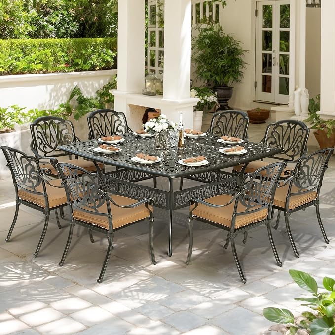 9-Piece Patio Cast Aluminum Dining Set, Outdoor Dining Furniture Set for 8 Person, Includes 64" Square Table and 8 Cushioned Chairs with Umbrella Hole for Patio Deck Garden, Tan