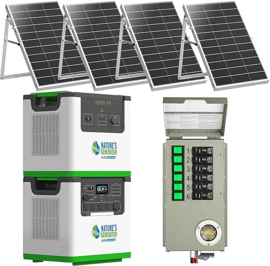 Nature's Generator Lithium 3600 Platinum PE,1 x Lithium 3600 + 1 x Pod + 4x 100w Panels + 6 Circuit Transfer Switch + 50' Cable