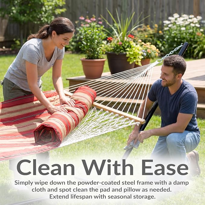 Sunnydaze Rope Double Hammock with Stand for Outside - Heavy Duty Freestanding Portable Outdoor Hammock Set with Quilted Pad, Pillow, and 12-Foot Steel Frame - 450 lb Capacity - Awning Stripe