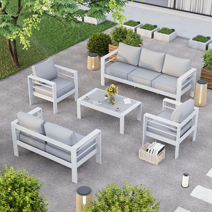 Aluminum Patio Furniture,Outdoor Metal Sectional Sofa with Table and Waterproof Covers,White Modern Patio Furniture Set for Garden Backyard (8-Piece)