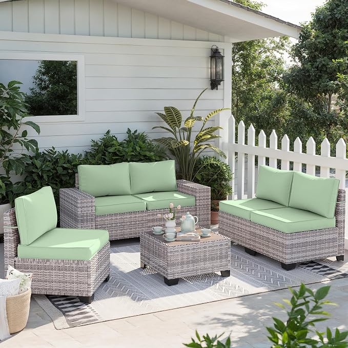 12-Piece Outdoor Patio Furniture Set Wicker Sectional Sofa Set, Patio Conversation Set with Thickened Cushions & Coffee Table for Garden, Backyard, Poolside, Light Green